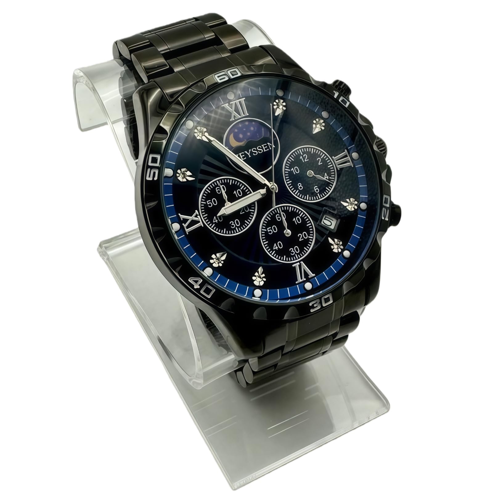 Watches for Men Stainless Steel: Dress Watch for Mens Quartz Analog Wrist Luxury Black Metal Tone Blue Dial Big Classic Diver Waterproof Chronograph Black Face Business Man Gift
