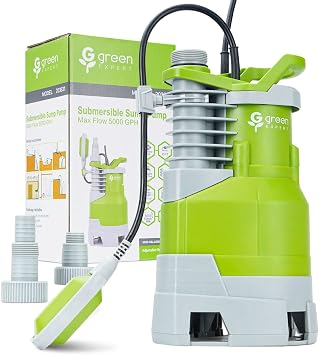 Green Expert 1.5HP Submersible Sump Pump High Flow 5000GPH 25ft Power Cord Manual Automatic On/Off for Water Removal from Basement Sump Pit Pools Hot Tub Spas Garden Pond