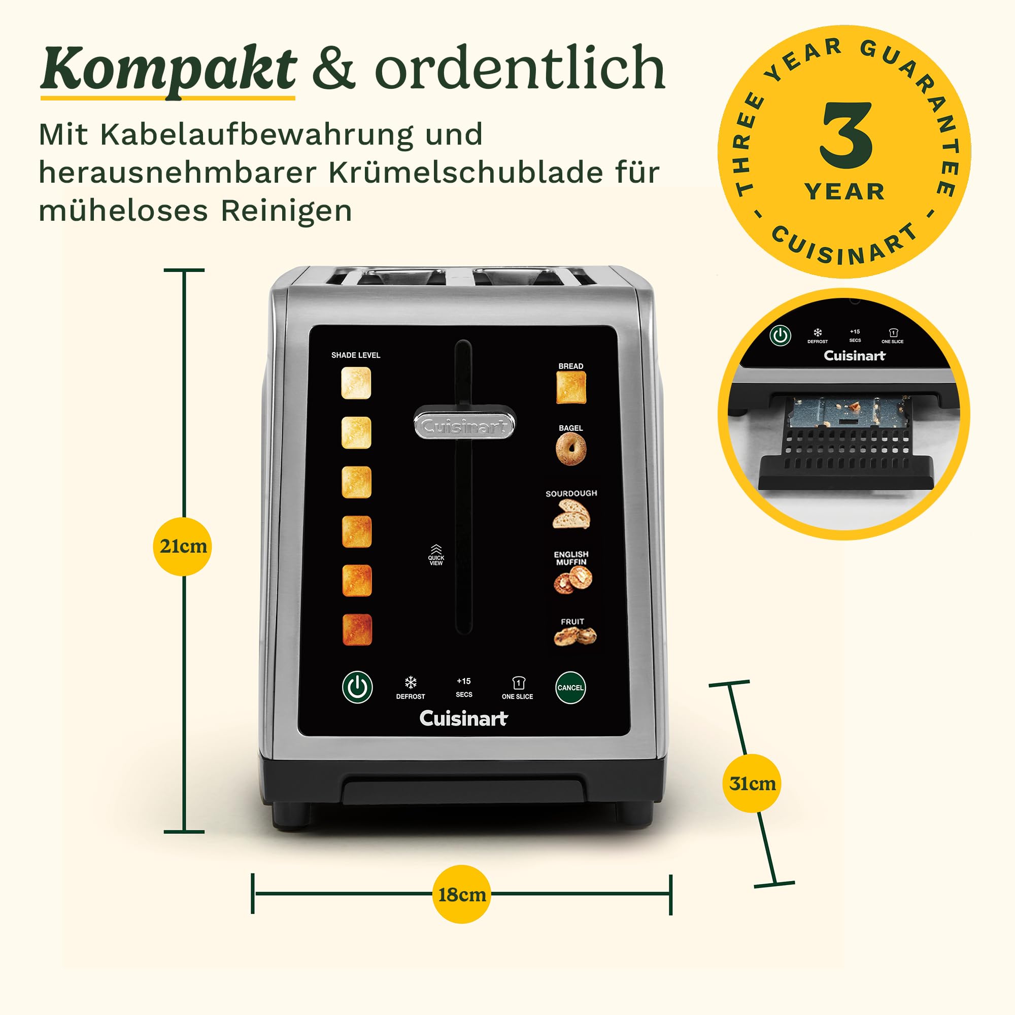 Cuisinart SimpliTouch XL Farb-Touchscreen 2-Scheiben-Toaster | Extra-große Schlitze | Farb-Touchscreen-Display | High-Lift QuickView™ | Brot-, Bagel-, Sauerteig-, Muffin- & Früchtebrot-