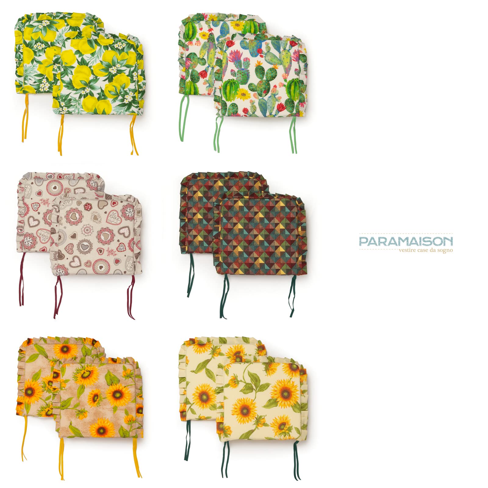 PARAMAISON Cuscini Coprisedia Shabby Chic Country Cactus, Volant ai Bordi, Imbottito, con Laccetti, Sfoderabile, 40x40 cm, Set da 6 pezzi