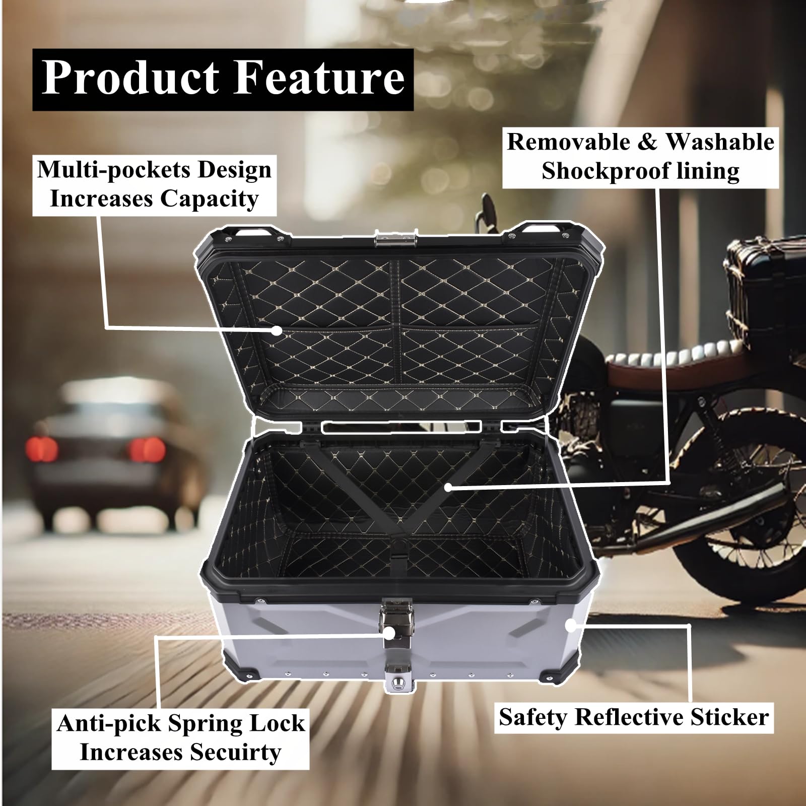 Silberner 65L Motorradkoffer, Aluminium wasserdichte Universal Motorradkoffer für Motorrad Gepäckbox mit Sicherheitsschloss zur Aufbewahrung von Helmen