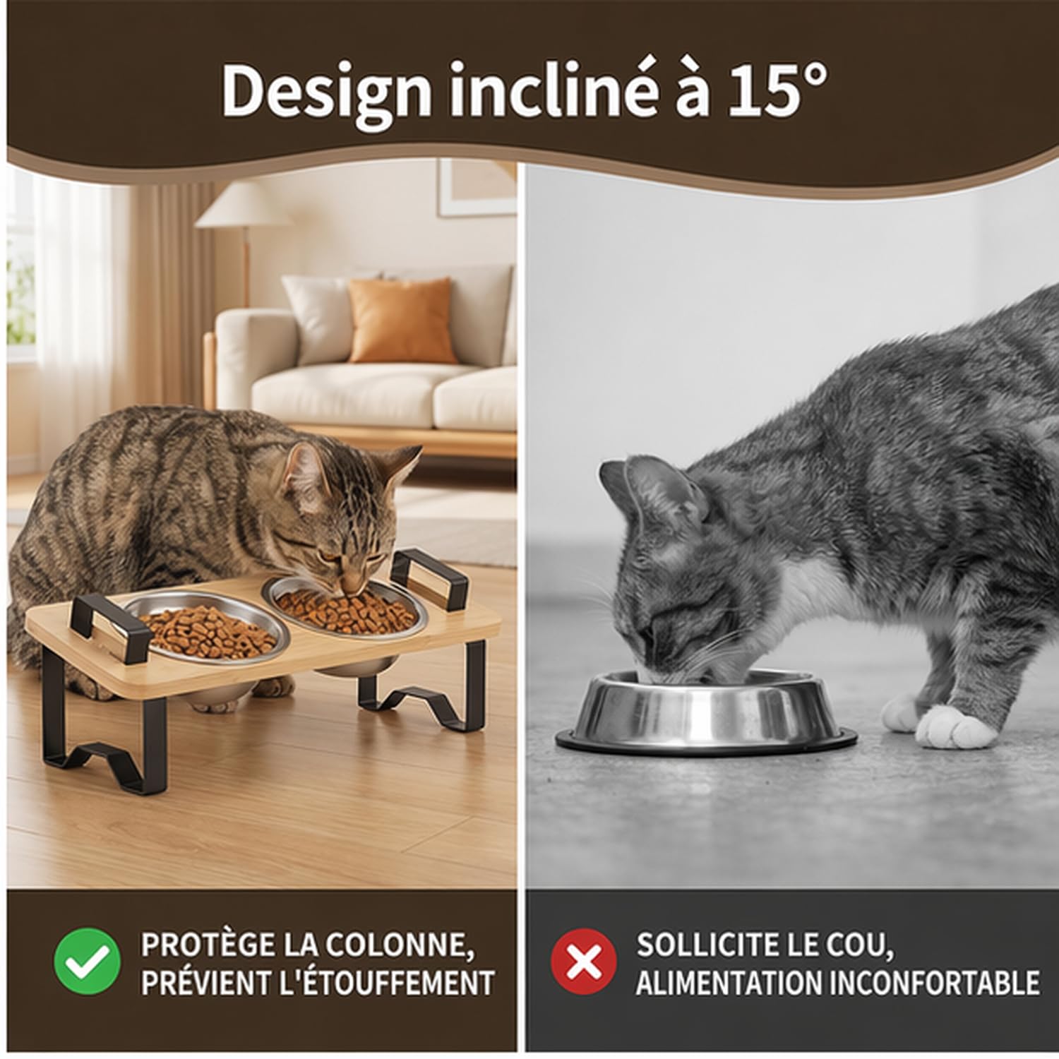 Gamelle Chat Surélevée, Rehausseur Gamelle Chat, Gamelles Surélevées Inclinées à 15° avec 2 Gamelles en Acier Inoxydable pour Chats et Petits Chiens.