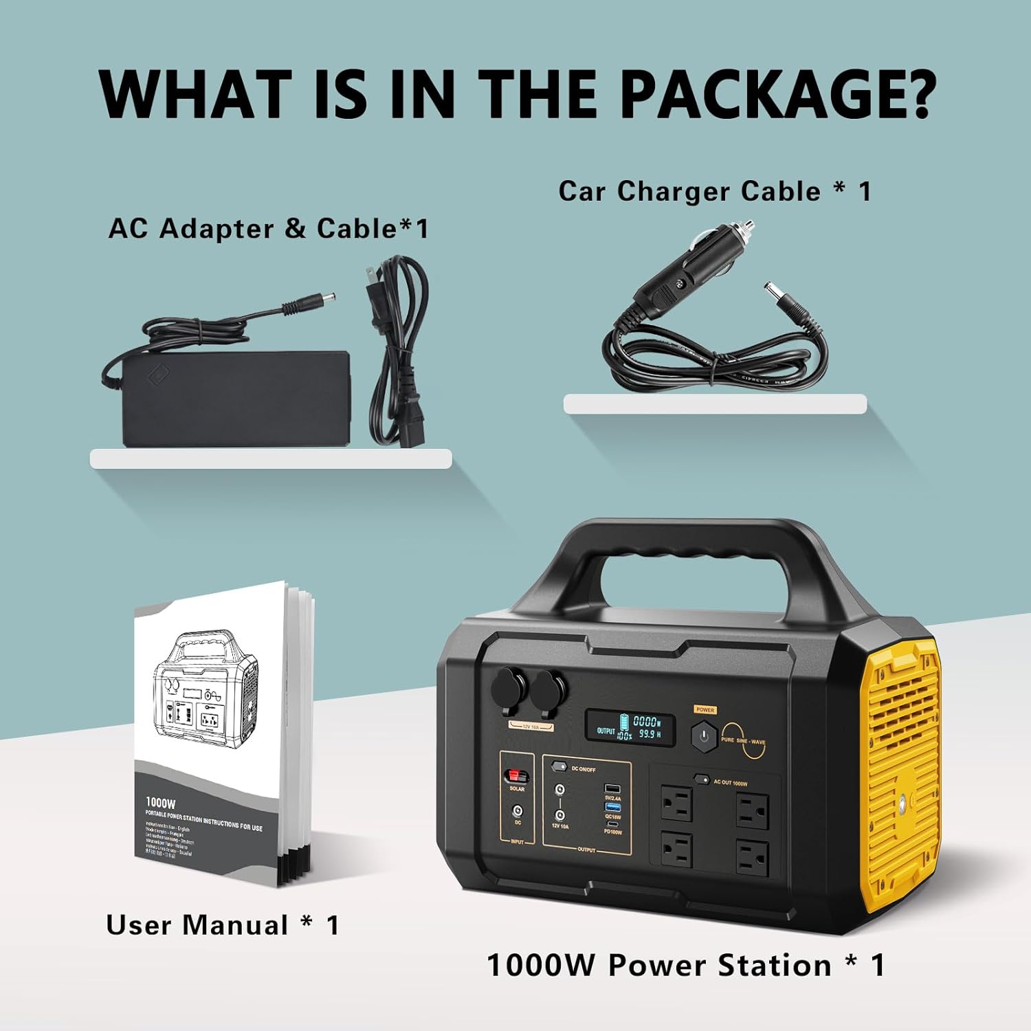 Contents of the Barphygo G1000 package: power station, AC adapter, car charger cable, and user manual.