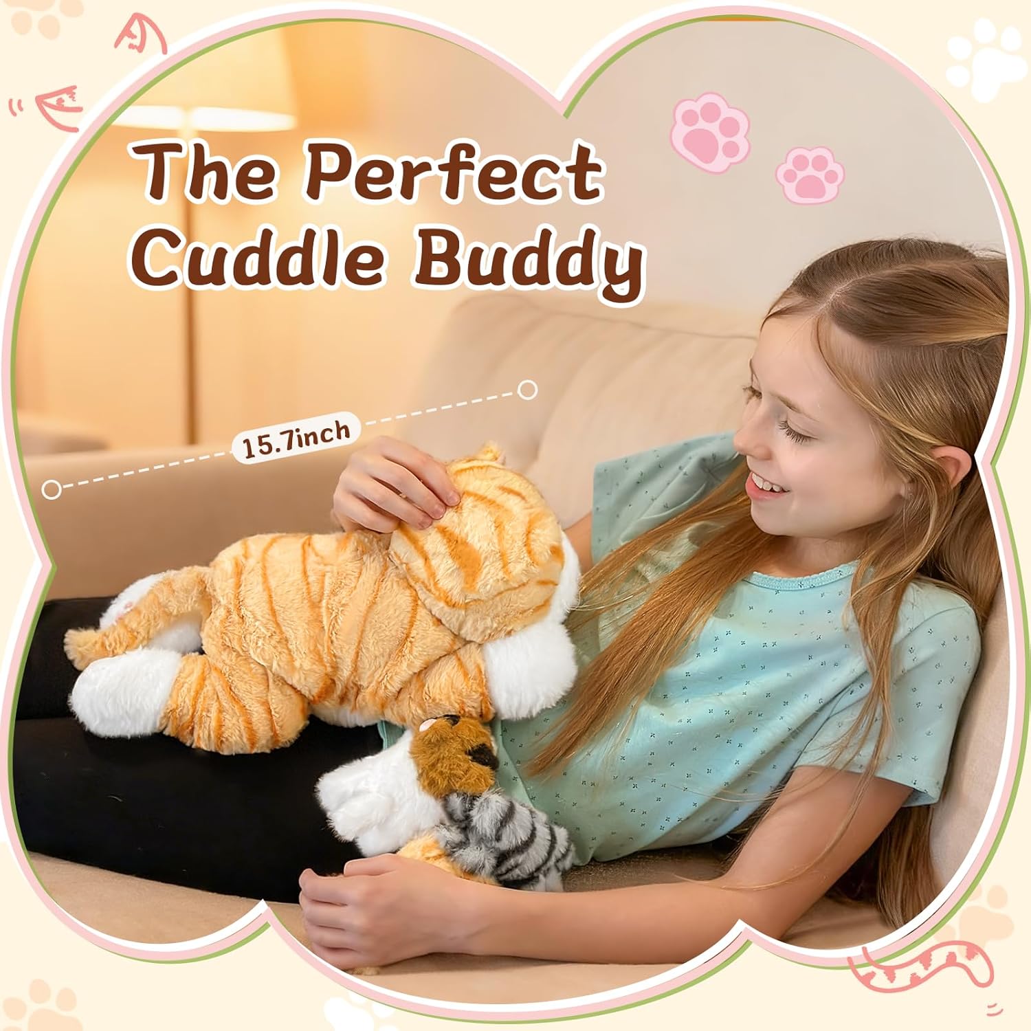 Muiteiur 4 Piece Cat Stuffed Animals, 15.7 inch Mom Plush Cat with 3 Kittens Stuffed in Zipper Pouch, Cute Yellow Mom and Baby Stuffed Cats for Kids Girls Boys