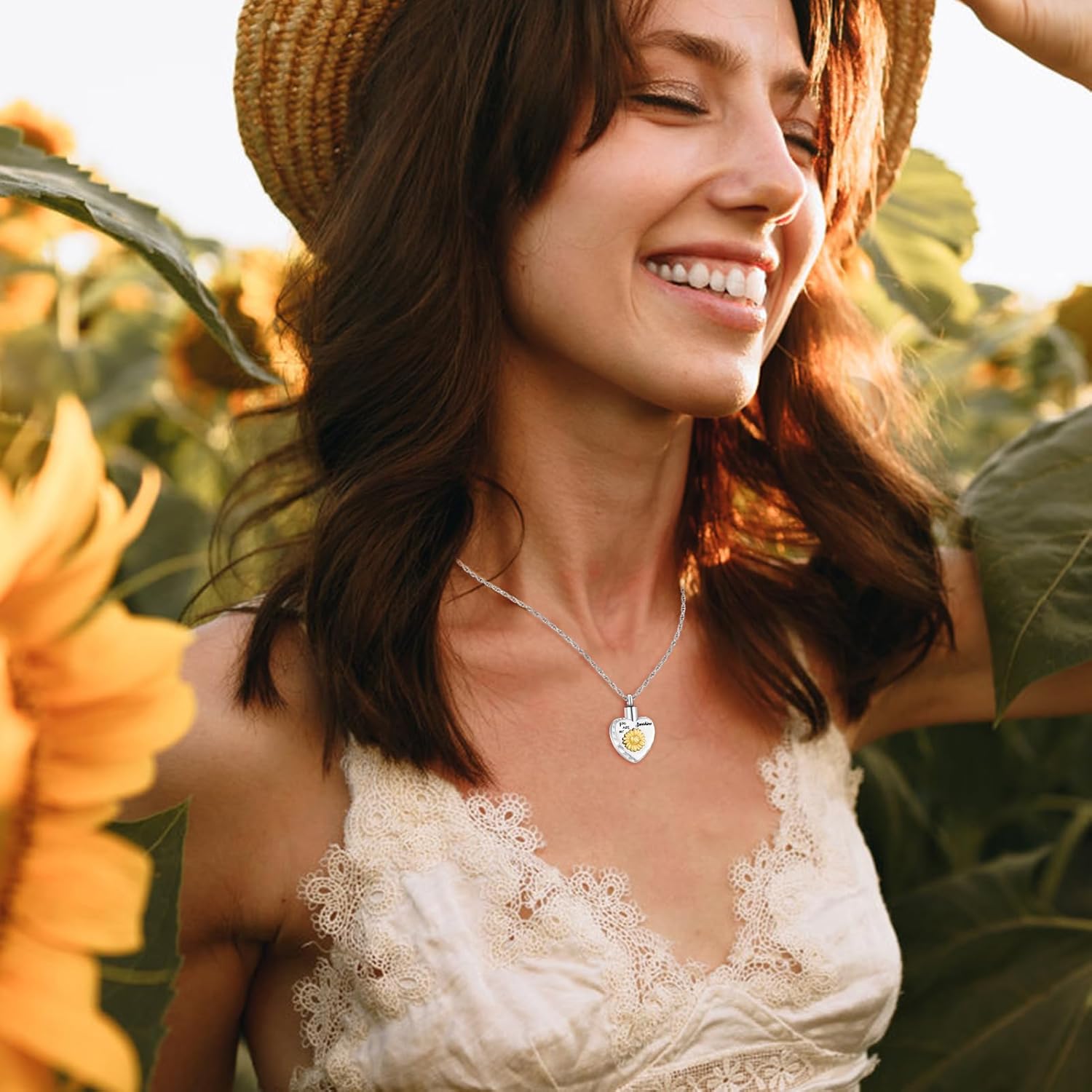 abooxiu Sunflower Urn Necklace for Ashes Heart Memorial Cremation Jewelry for Ashes Stainless Steel Ashes Necklace Keepsake Urn Pendant - you are my sunshine
