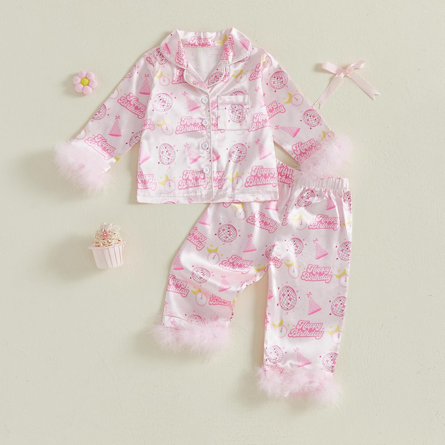 Toddlers Baby Girl Birthday Pajamas Satin Silk Pjs Button Down Long Sleeve Sleepwear Set Nightgowns, Pack of 2 - Image 4