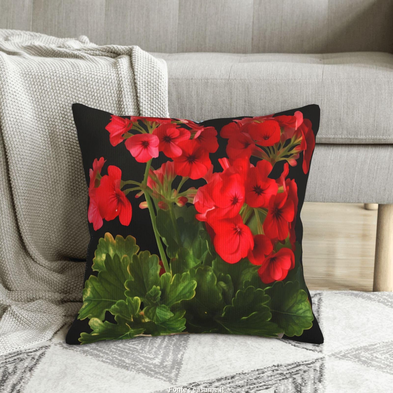 Housses de coussin géraniums rouges pour décorer un salon chaleureux