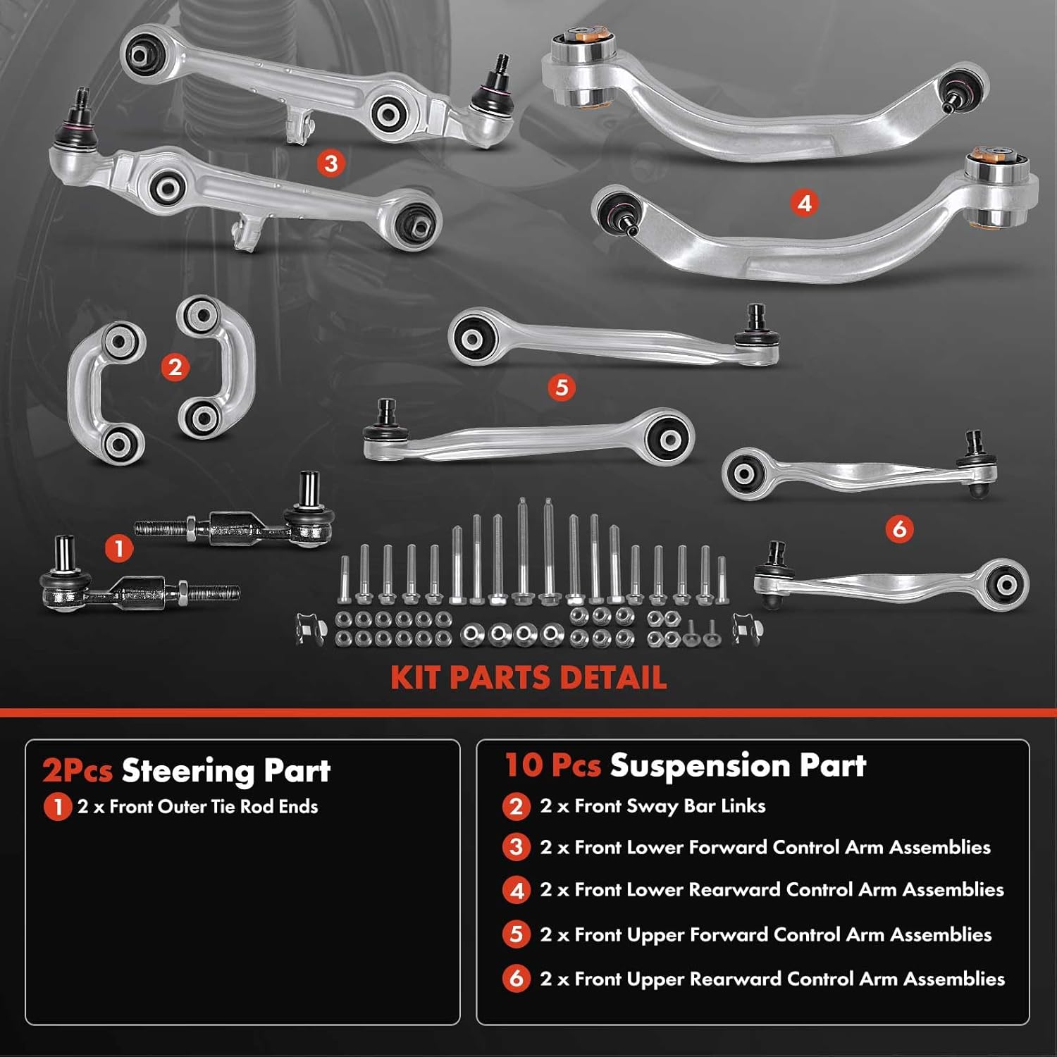 A-Premium Set of 12, Front Upper Lower Control Arm, Sway Bar Link, Outer Tie Rod End, Compatible with Audi A4 (Quattra) 96-01, A6 Quattro 99-02, S4 00-02, Volkswagen Passat 98-02