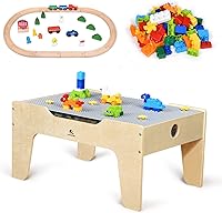 KRAND Kids Multi-Purpose Activity Play Table with 60 Big Building Bricks & 30-Pc Train Set - Reversible Top, Toddler Safe Ages 3+