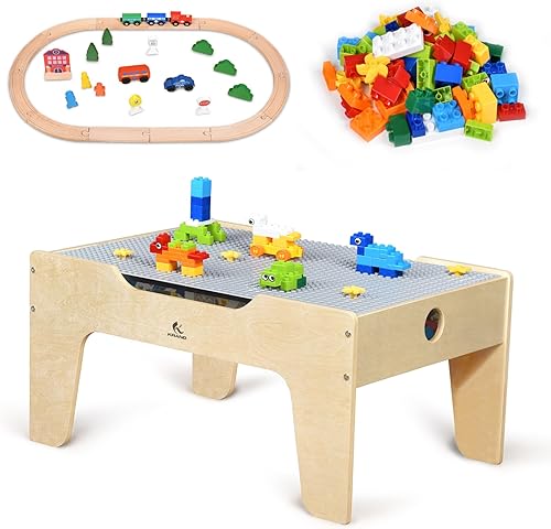 Mesa de juego multiusos para niños con 60 ladrillos de construcción grandes y juego de tren de madera de 30 piezas para niños pequeños (versión de