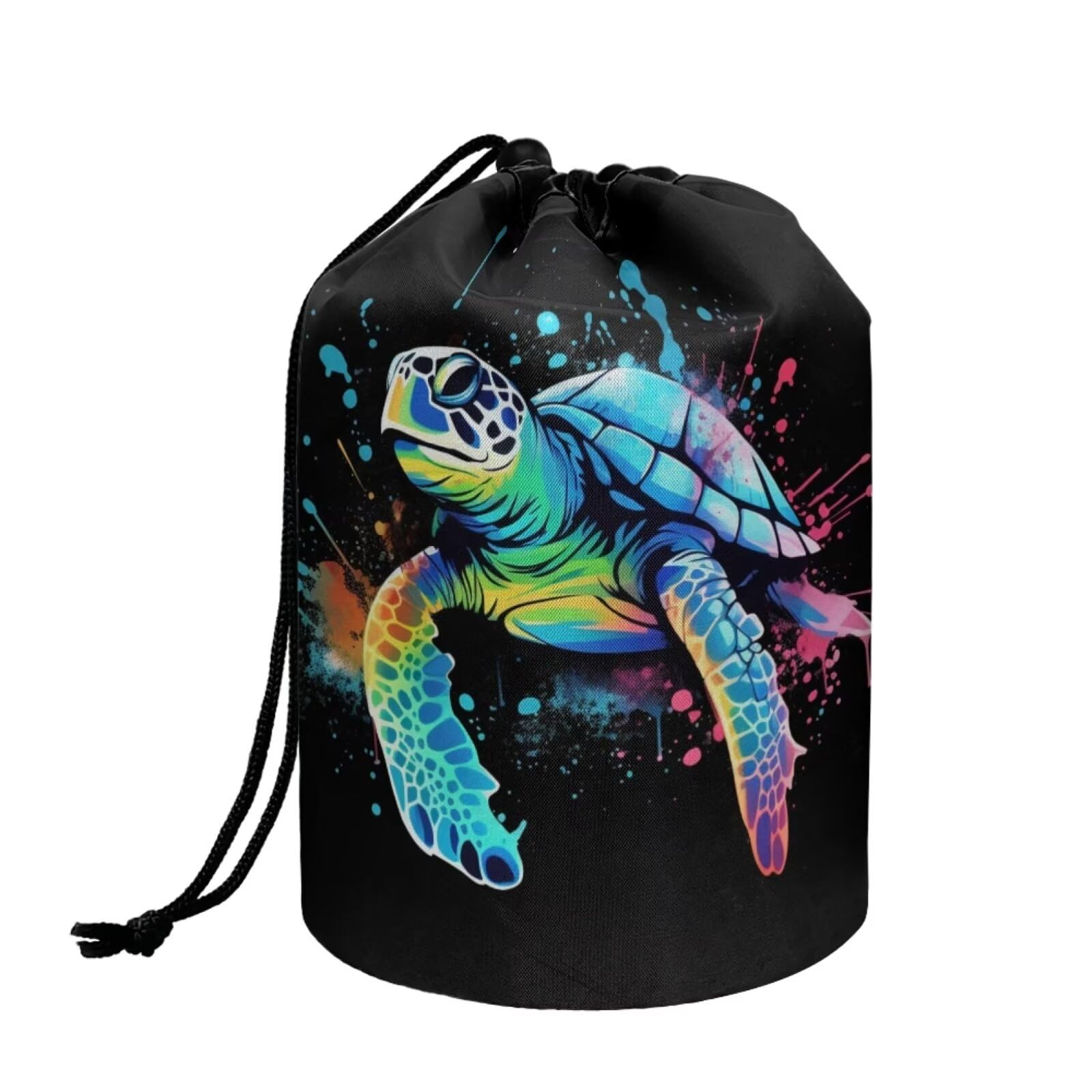 chaqlin Black Sea Turtle Travel Cosmetic Bags Barrel Makeup Bag,Portable Foldable Cases Multifunctional Toiletry Bucket Bags Round Organizer Storage Pocket for Women