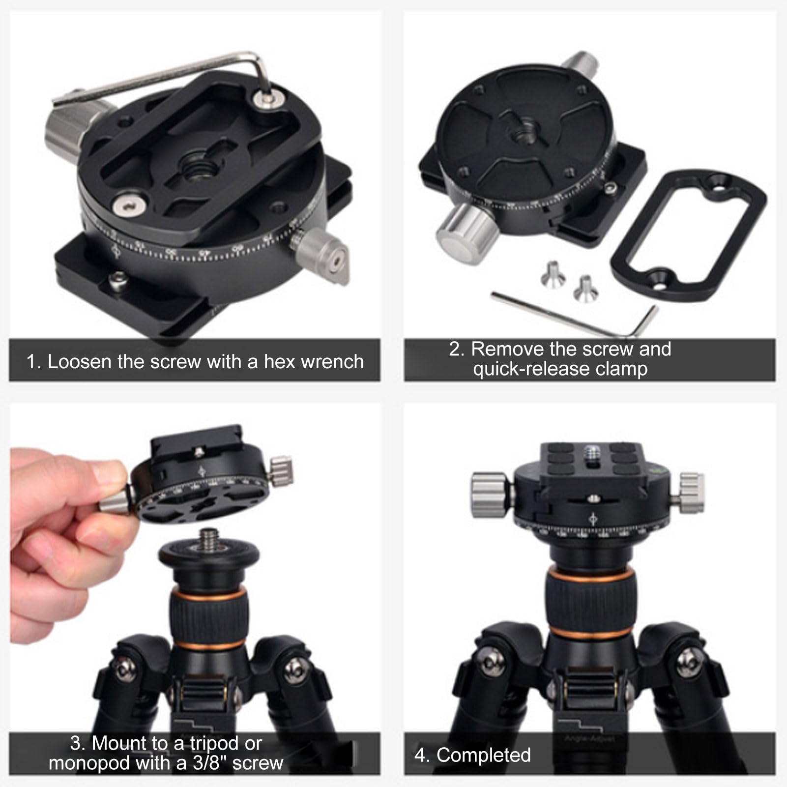 Elprico Base per Treppiede con Morsetto Panoramico a 360° con Piastra a | Struttura in Alluminio da 60 Mm, capacità di Carico di 15 Kg, Livella a Bolla Incorporata, Scala in Gradi, Filettatura da