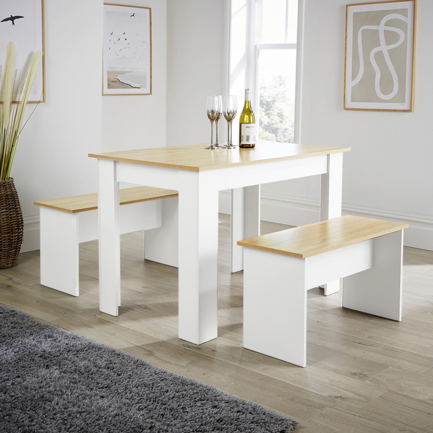 Home Source Kitchen Dining Table, 2 Benches to Seat 4, Oak Effect Top, White