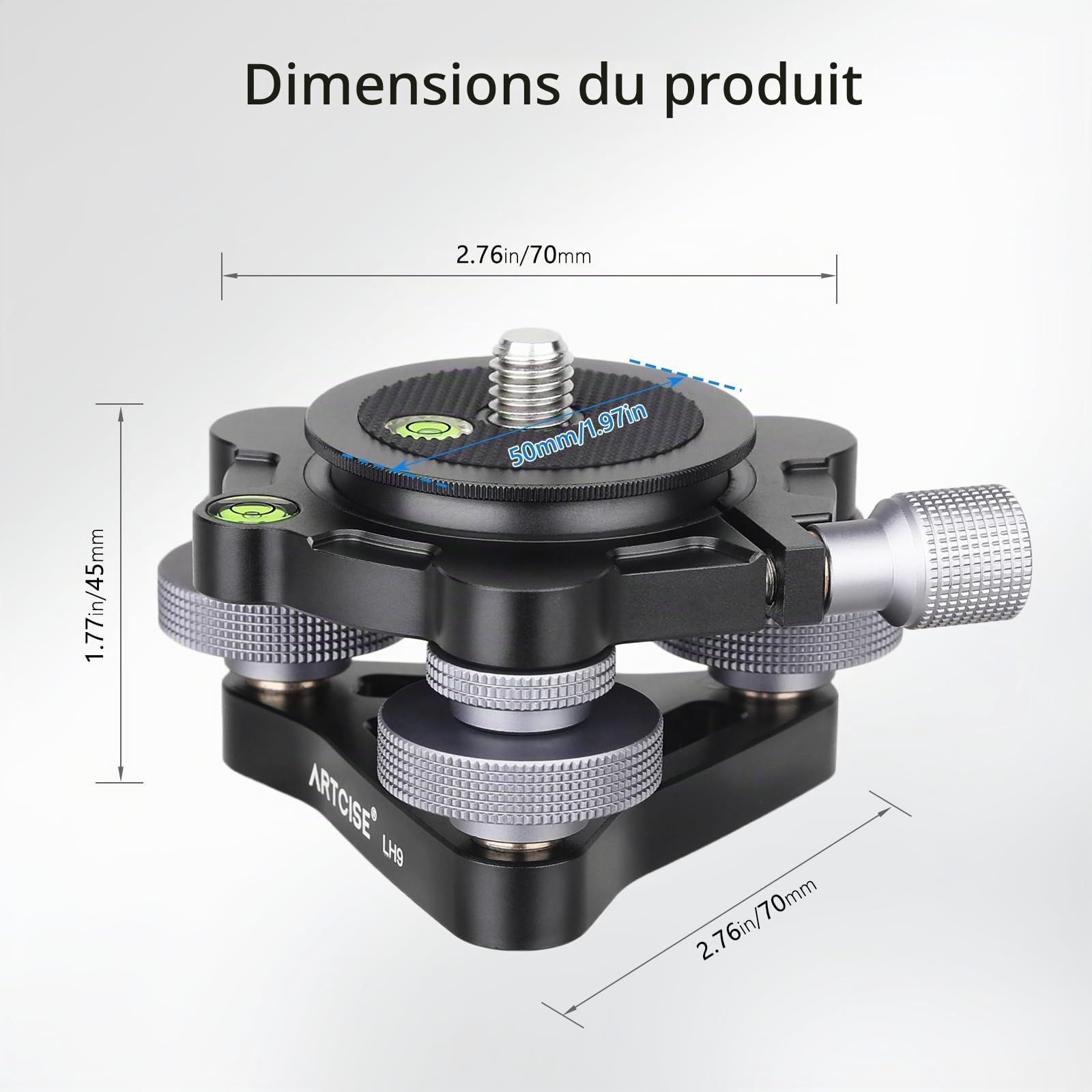 Base de nivellement pour trépied ARTCISE Diamètre∅70mm, tête de nivellement avec Inclinaison -15°/15°, avec 3 Niveaux à Bulle et 3 Roues -5°/5° pour réglage de précision, Charge maximale 10KG