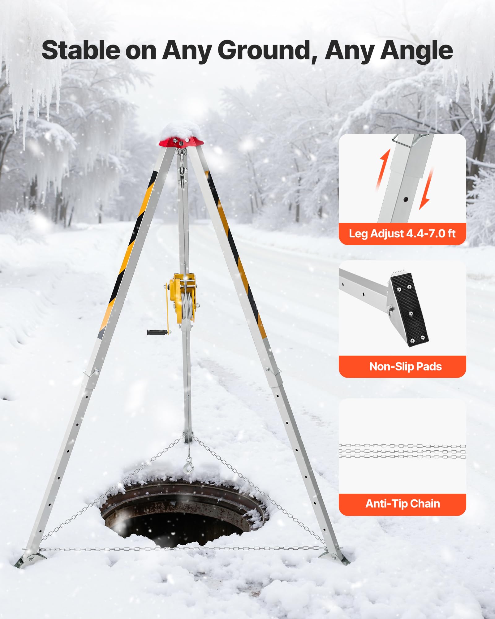 VEVOR Kit Treppiede per Spazi Confinati, Paranco di Sollevamento per Treppiede di Salvataggio per Impieghi Gravosi, Verricello da 816 kg, Lunghezza Gambe Regolabili da 1,34 a 2,15 m, Cavo da 19,8 m