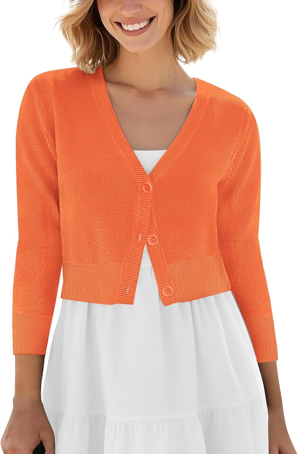 Urban CoCo Women's Cropped Cardigan V-Neck Button Down Knitted Sweater 3/4 Sleeve