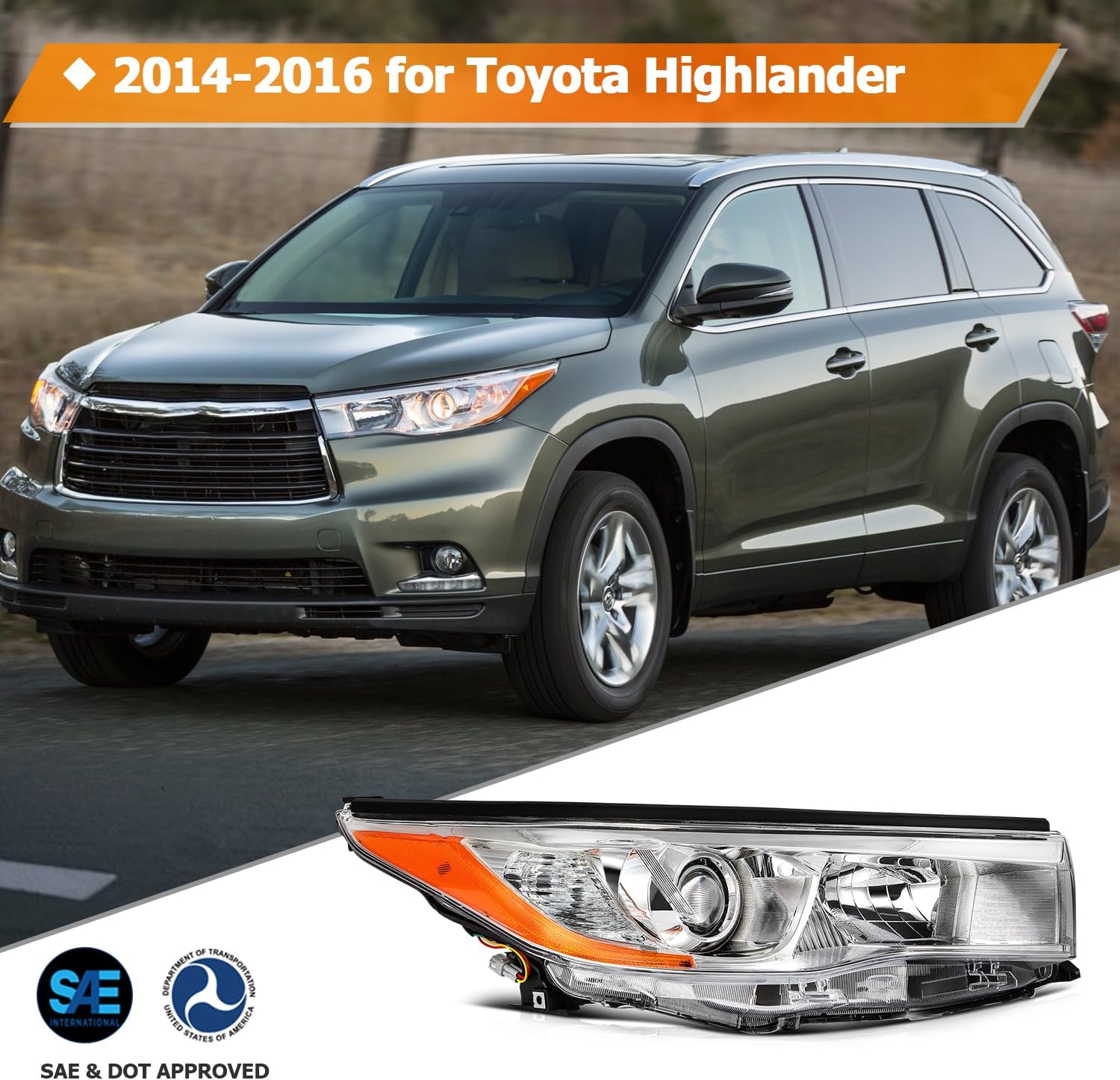 Headlight Assembly Fit with 2014-2016 for Toyota Highlander Chrome Housing Clear Lens Left Side 81170-0E180 81130-0E180