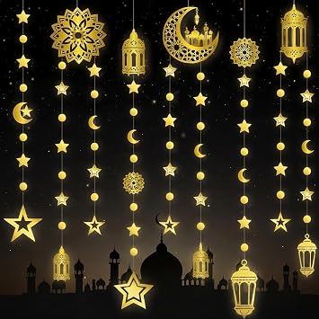 ReliThick 6 Pcs Ramadan Decorations Eid Mubarak Gold Moon Star Lantern Garland Eid Crescent Star Hanging Banner Streamers for Home Ramadan Mubarak Decor Islamic Birthday Wedding Party Supplies