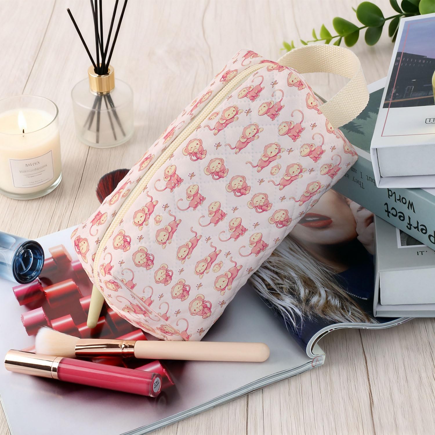 Pink Monkey Printed Quilted Makeup Bag for Women - Velvety Polyester Cosmetic Organizer w/Triple Compartments, Travel & Makeup Brush Holder - Image 5