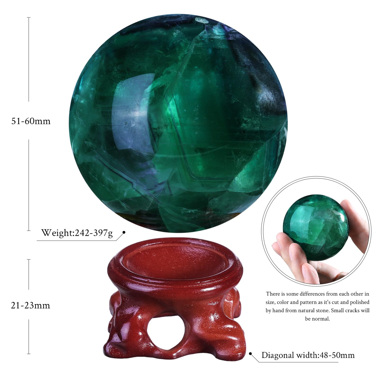 Nupuyai Sfera di cristallo di fluorite naturale con supporto, sfera di cristallo Feng Shui, decorazione per casa e ufficio, sfera di cristallo per meditazione, 51-60 mm