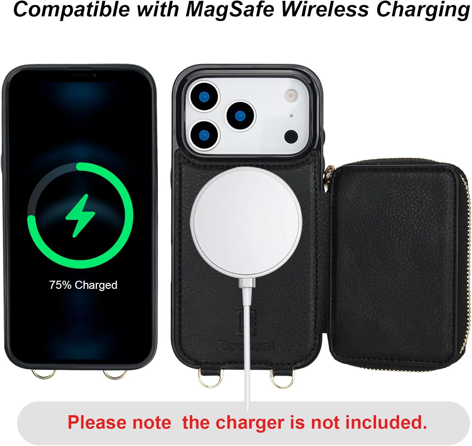 Bocasal for MagSafe Crossbody Wallet Case Compatible with iPhone 17 Pro, RFID Blocking Protective Purse Case with Card Slots Holder Kickstand Wrist Strap Lanyard Zipper 6.3 Inch 5G (Black) - Image 3