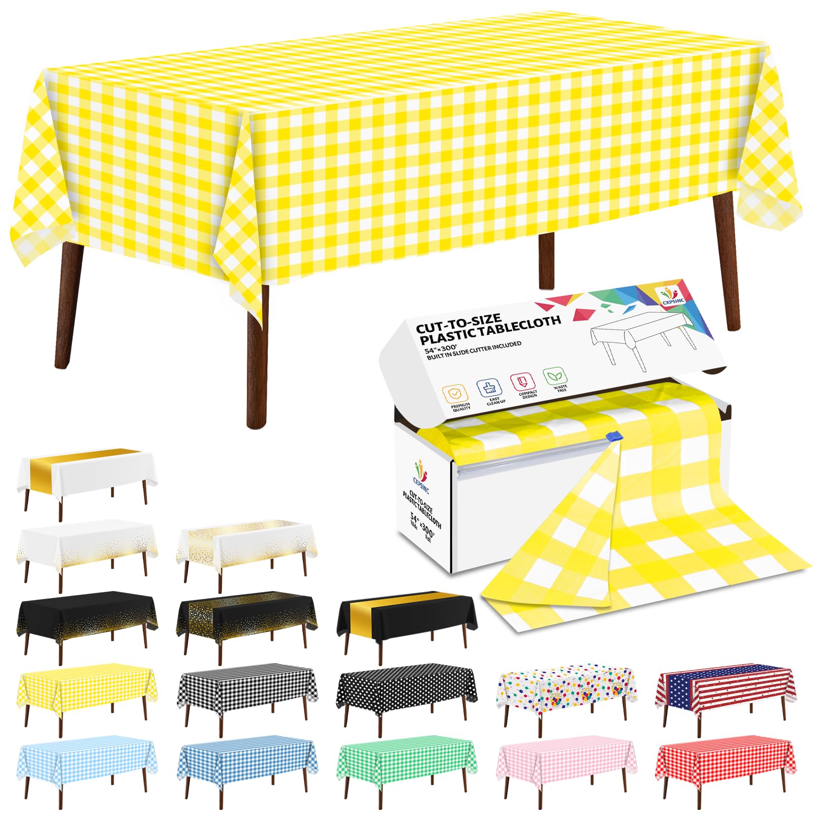 CXPSINC 54 Inch X 300 Feet Plastic Table Cover Roll Disposable Tablecloth with Slide Cutter for All Type/Shape Tables | Party, Banquet, Birthdays, Weddings(Yellow Checkered, 300 Feet) — image 1