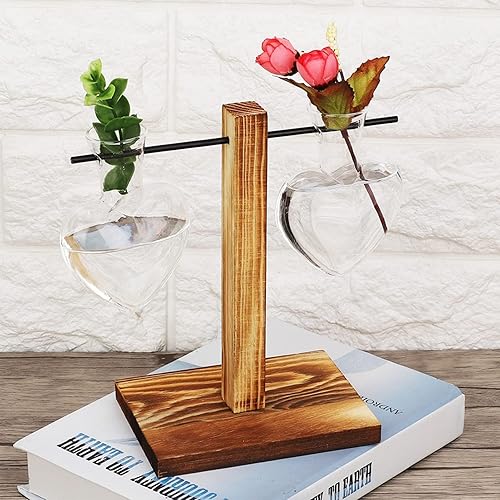 Miniatura 9 de Terrario para plantas, jarrón de propagación de 2 corazones con soporte de madera, estación de propagación para plantas, maceta de agua, soporte de