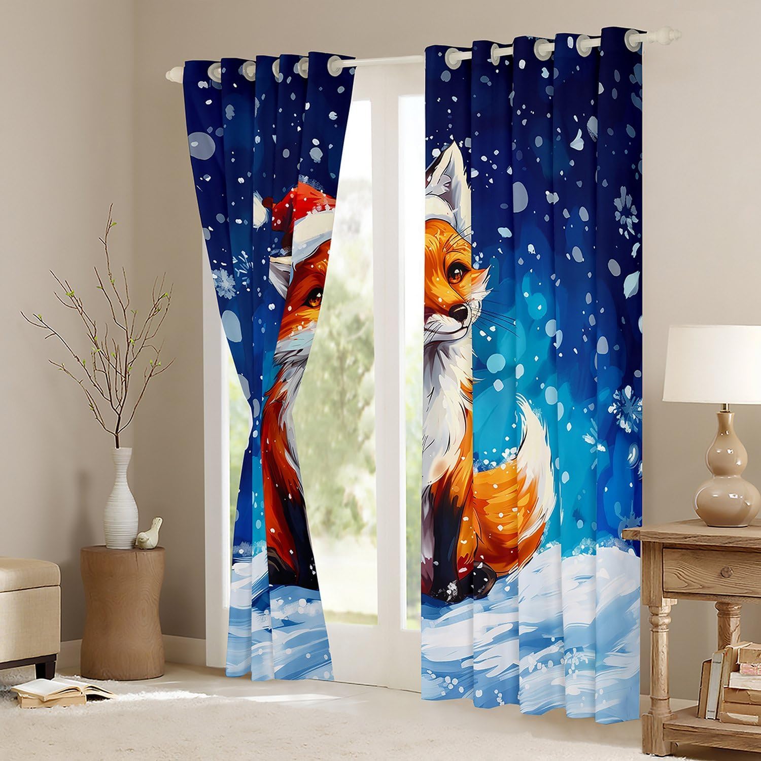Christmas Fox Window Curtain,Blue White Snowflake Curtains for Kids Girls Boys Teens Room Decor,Santa's Hat Decor Animals Window Treatment Curtain Watercolor Winter Window Drapes,52Wx96L