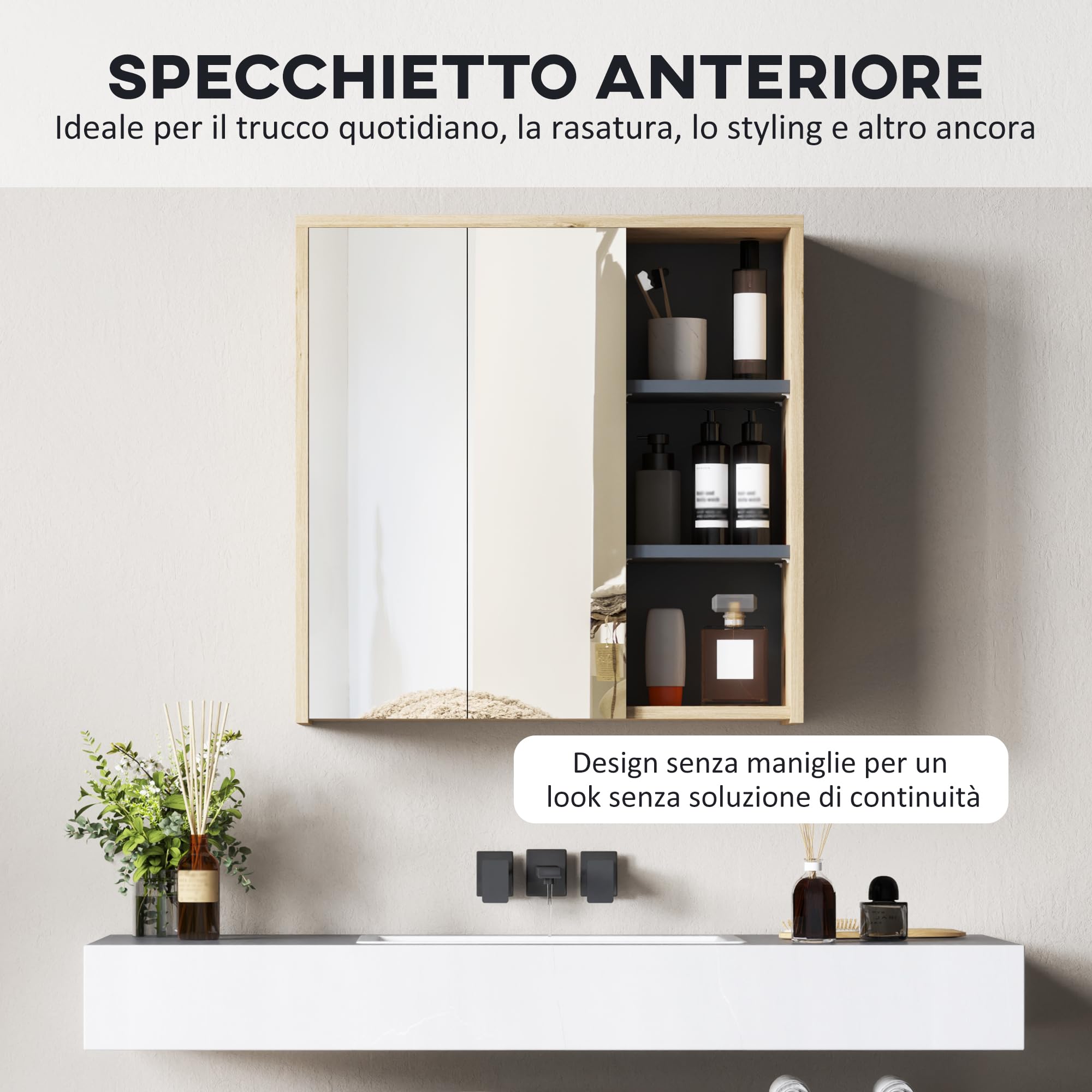 HOMCOM Specchio Bagno Contenitore con 2 Ante Vetro 60x20x60 cm Naturale | Mobile con Specchio, Scomparto Aperto, Mobiletto da Parete Salvaspazio, Specchiera Bagno