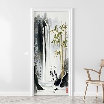 3D Door Sticker Cranes Bamboo Stems Waterfall Traditional Oriental Style Door Mural Peel and Stick Self-Adhesive Door Decal Removable Wallpaper Poster Home Decor for Bedroom 30.3"x78.7"