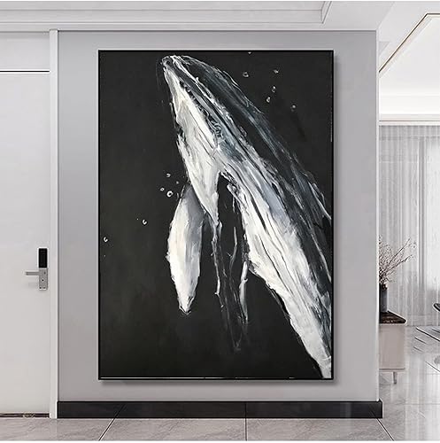 Miniatura 3 de Lienzo decorativo de ballena blanca y negra para sala de estar, pintura al óleo de animales pintada a mano para dormitorio, obra de arte de océano