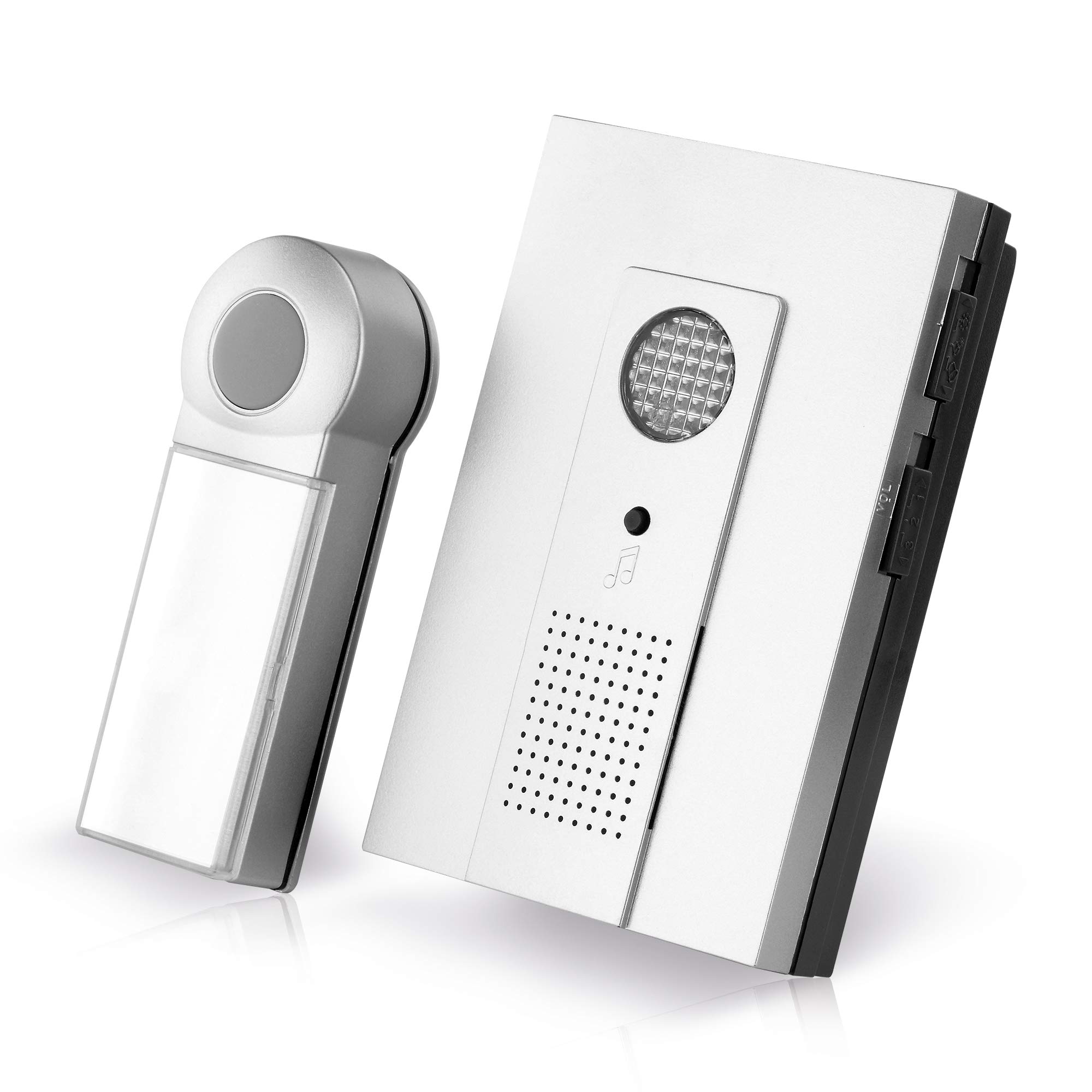 conecto Juego de Timbre inalámbrico, pulsador y Timbre, Alcance de 100 Metros, 16 Tonos de Llamada, inalámbrico, Funciona con Pilas, Plateado