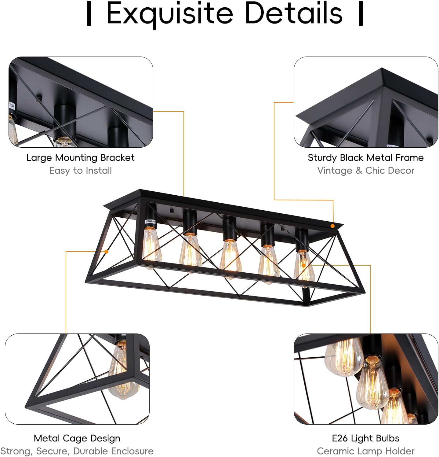 31.5" Black Flush Mount Ceiling Light Fixture, 5-Light Vintage Industrial Cage Chandelier for Dining Room, Kitchen Island, Living Room, Dimmable Large Semi Flush Mount Close to Ceiling Light