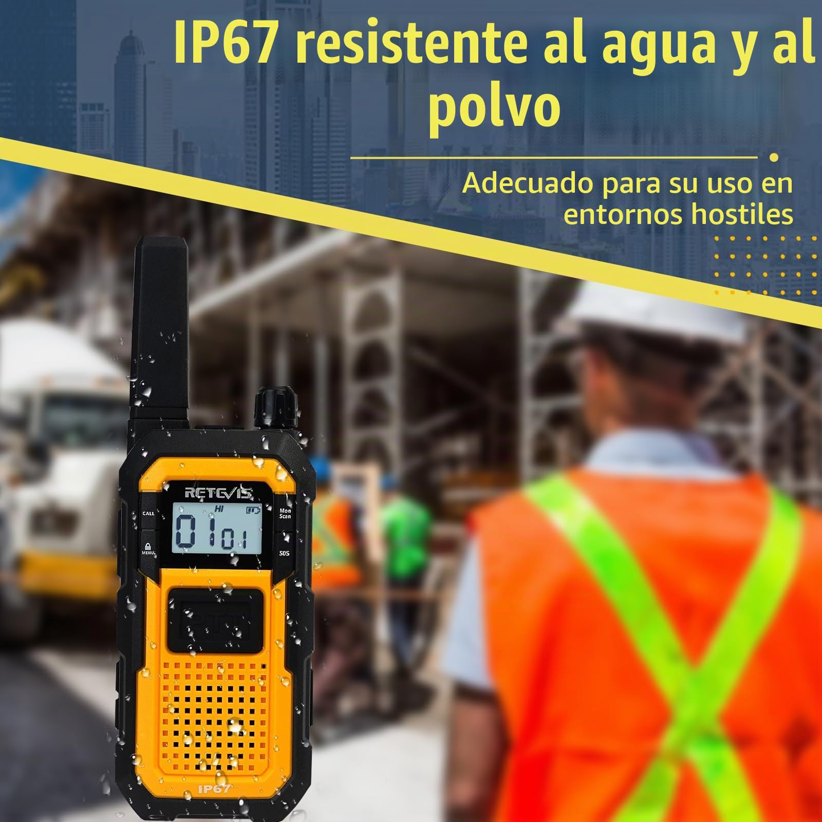 Retevis RB648 Walkie Talkie Impermeable, Walkie Talkies Flotante | MIL-STD-810H 19 Test Duraderos, IP67 Dual PTT, Radio Bidireccional 2000 mAh con Auricular para Obra (2 Piezas, Amarillo)