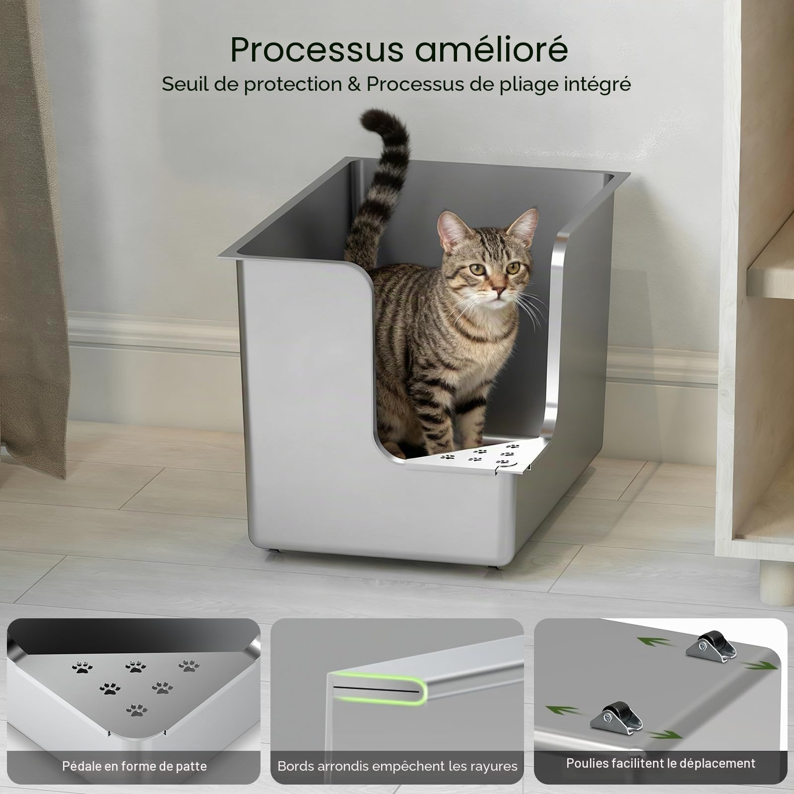 PTLOM Bac Litiere pour Chat en INOX,Bac a Litiere pour Chat 30cm,Coin D’entrée Bac à Litière Chat, sur roulettes, Facile à déplacer, Antiadhésif, sans Odeur, pour Chats Grands ou Multiples
