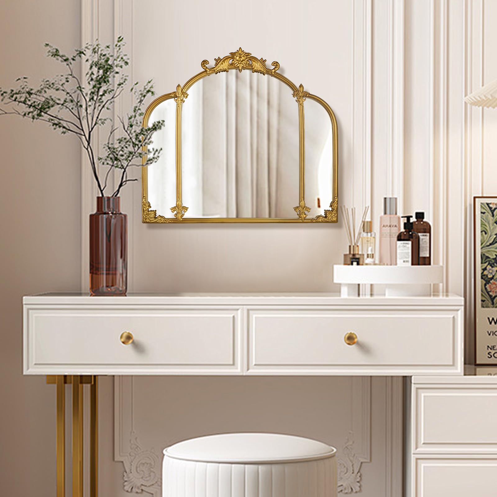 Espejo de Pared de Arco Dorado de 24 x 22 Pulgadas, Estilo Barroco con Marco de Metal, tocador, Dormitorio, baño, Entrada