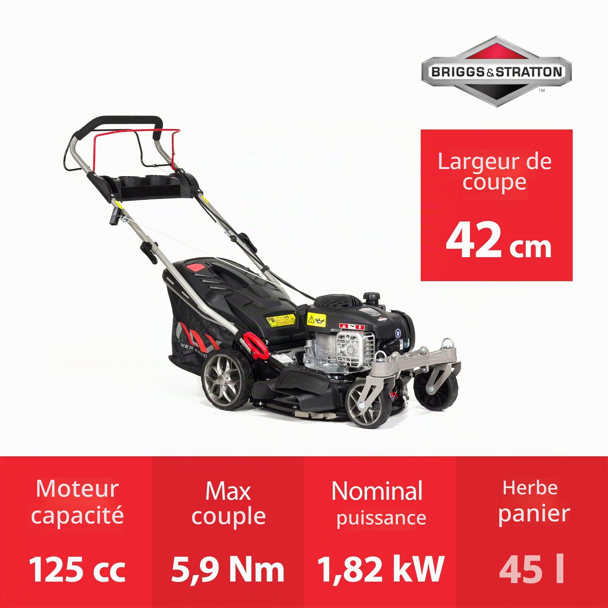 NAX POWER PRODUCTS 1000S moteur Briggs & Stratton série 450E 125 cm3 largeur de coupe 42 cm panier 45l système de lavage du boîtier tondeuse thermique avec entraînement