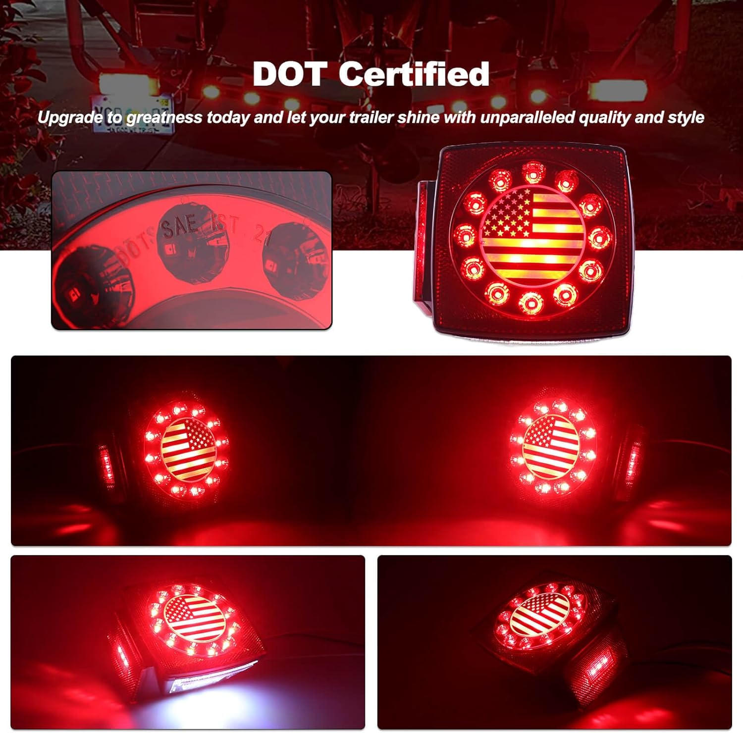 Submersible Square LED Trailer Tail Light Kit American Flag Designed 10 inch 3rd Brake Lights Aluminum Alloy Base Stop Turn Tail Lights for Under 80 inch Boat Utility Snowmobile 12V