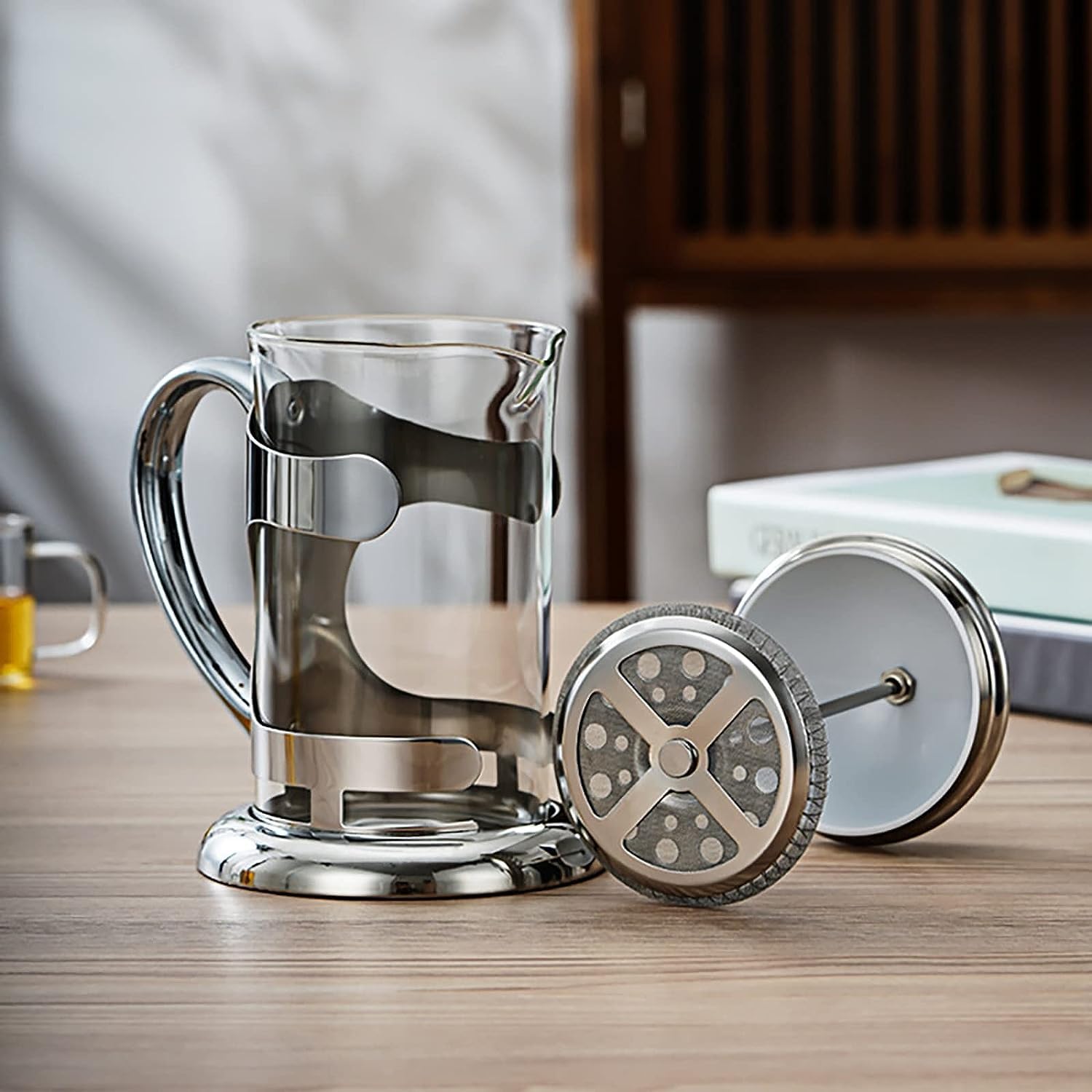 Cafetera grande,cafetera de viaje,Premium Manual 1 taza Cafetera a presión francesa Tetera de vidrio Tetera de acero inoxidable resistente al calor