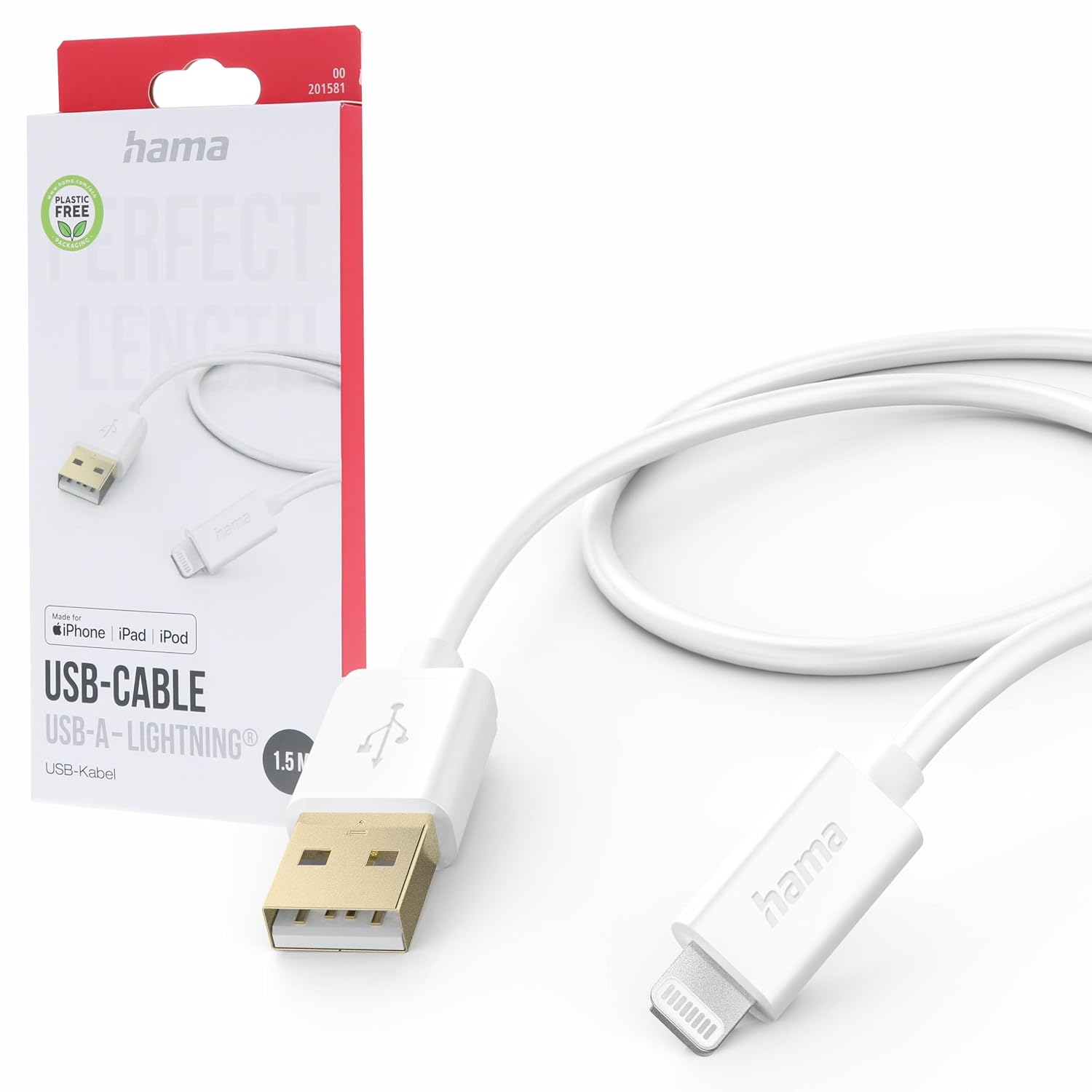 Hama iPhone USB-A Lightning Cable (Charging/Data/Data Cable, USB-A 2.0 Male to Lightning, 1.5m, MFI Certified, 480Mbits, iPad/iPhone 13/12/11/XS/XR/X/8/7/7+/6s/6/5/SE2020) White