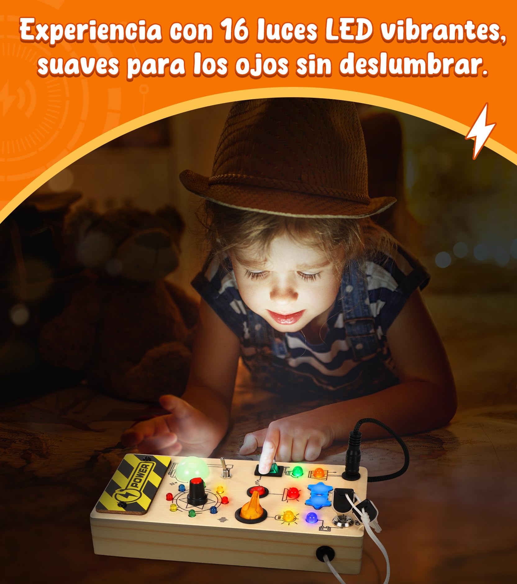 Motessori Busy Board de Actividad Sensorial 1 Año+ con 16 Luces LED y 9 ​​Interruptores, Juguete Educativo Montessori de Madera para Niños y Niñas de 1 a 7 Años, Juguete Educativo de Viaje