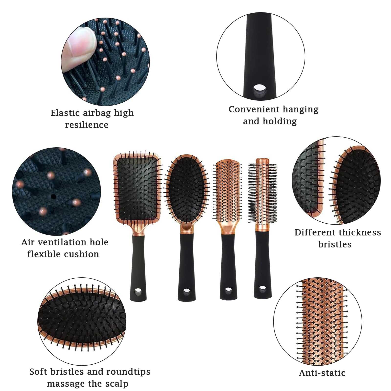 Hair Brush Set,SiHuiTu 4 Pcs Anti Static Massage Oval Comb Round Hair Brush,Detangling Brush,Paddle Brush for Women Men (Black) - Image 3