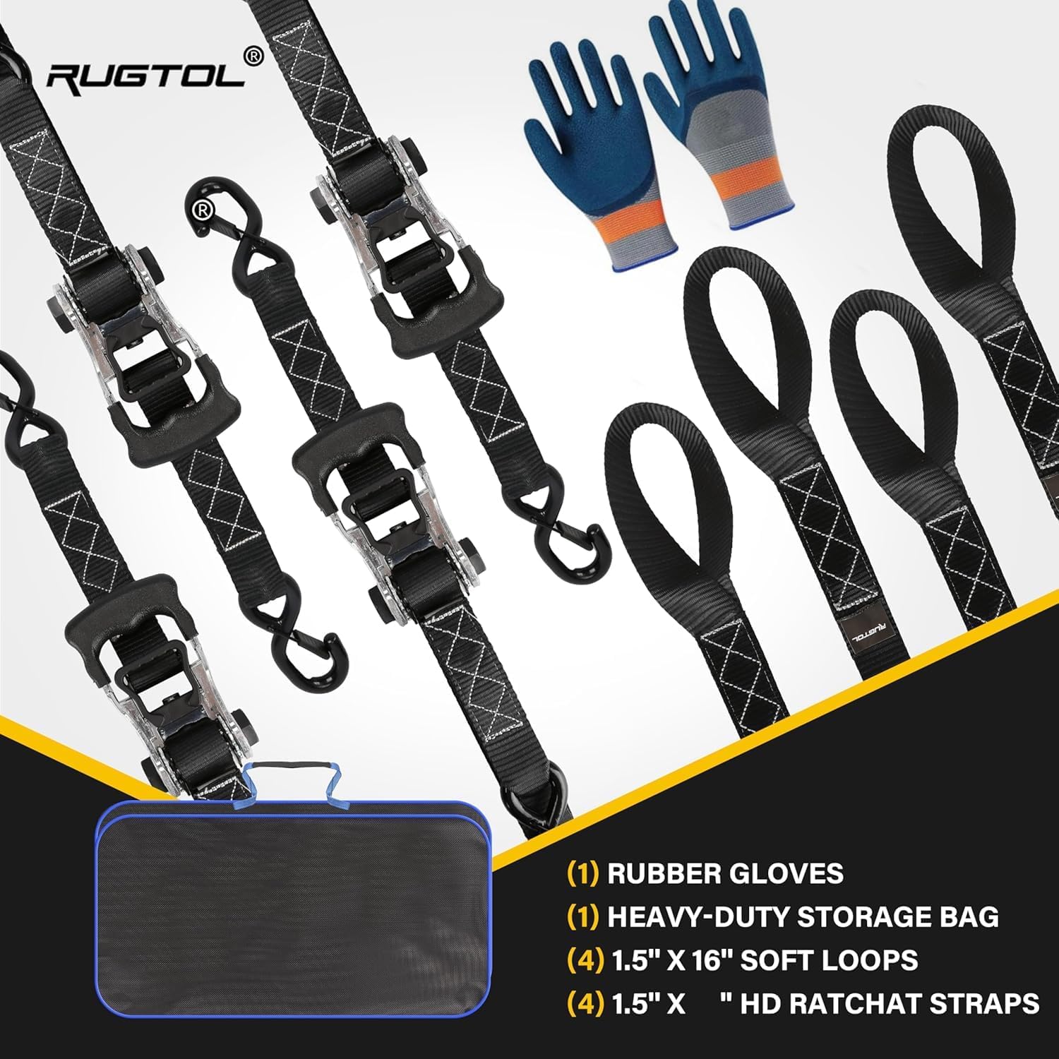 Ratchet Straps 1.5 inch x 16 FT, 4988 LBS Break Strength Heavy Duty Ratcheting Tie Down Straps with Safety S Hooks, Cargo Ratchet Strap for Moving Trailer Motorcycle ATV UTV Car Roof, 4 Pack
