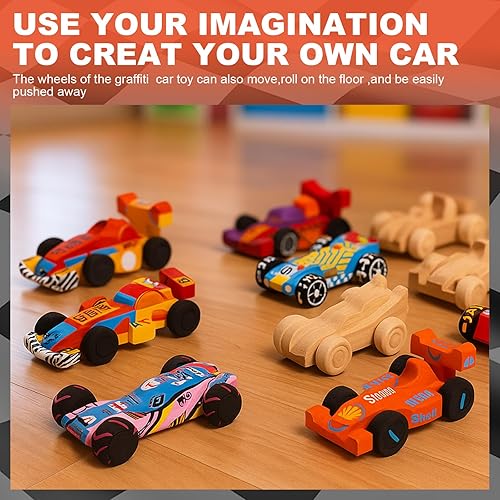 Miniatura 10 de Lenwen 48 piezas de juguetes de madera para fiestas, autos de madera sin terminar, camión de juguete de madera, camión de grafiti de madera y