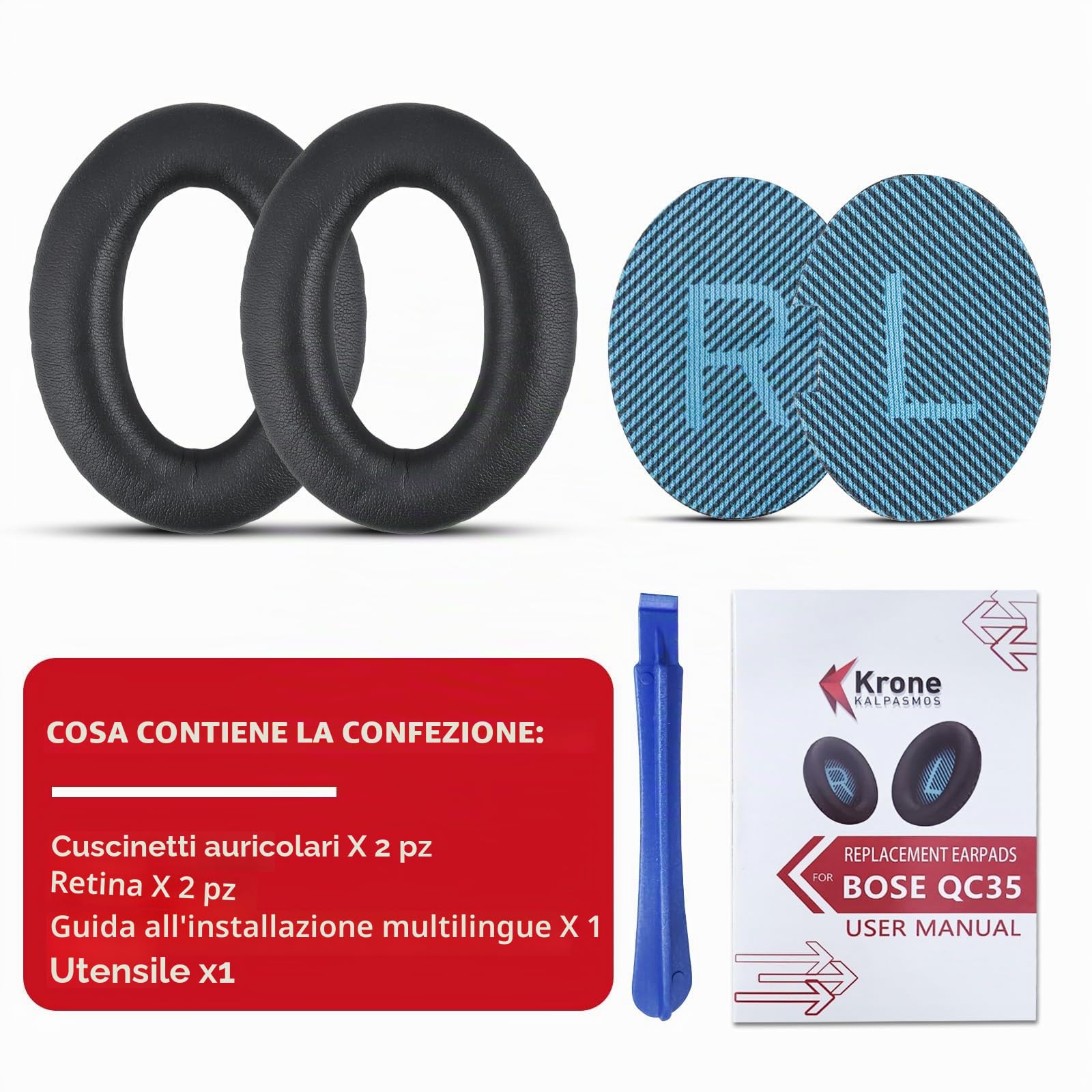 Krone Kalpasmos -Cuscinetti auricolari per cuffie Bose, compatibili con Bose QuietComfort 35 II / QC35 / QC25 / QC2 / QC15 / Ae2 / Ae2i / Ae2w / SoundTrue e SoundLink (Over-Ear) Blu/Nero