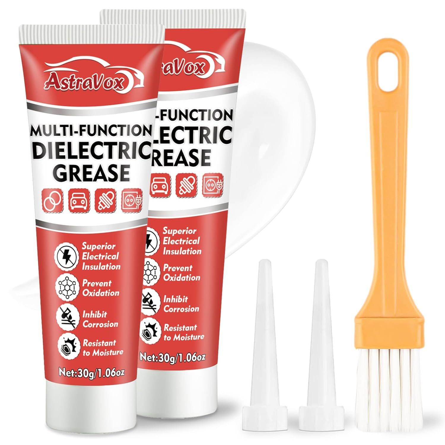 AstraVox Silicone Dielectric Grease for Electrical Connectors Automotive, Spark Plug Grease with Brush, Ideal for O Rings, Marine, and Household Use, Insulate & Waterproof & Heat-Resistant 1oz (2pcs)