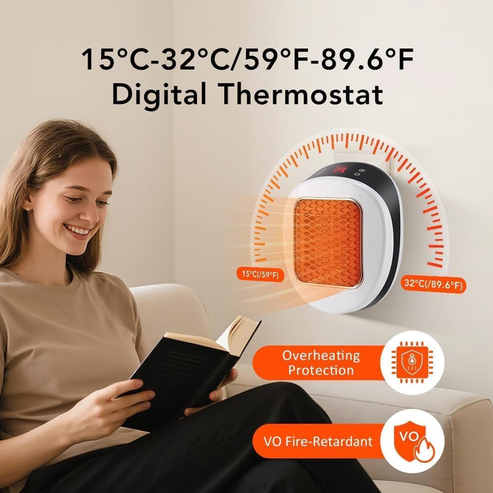 Calefactor Portátil Luna para Dormitorio Y Oficina, Mini Enchufable con Mando A Distancia, Calentamiento Cerámico Rápido En 3 Segundos Temporizador De 12 Horas Black