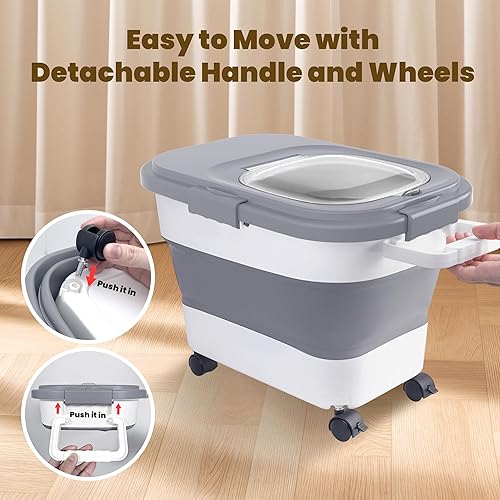 Miniatura 4 de HOYTAMDA - Recipiente de arroz de 20 a 30 libras, contenedores herméticos plegables para almacenamiento de alimentos con ruedas, asa, contenedor de