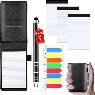 7 PCS Small Pocket Notebook Mini Notepad Set, Included A7 Pu Leather Notebook Pen Holder with 50 Lined Sheets, 3 Notepad Memo Book Refills with 30 Lined Paper, Metal Pen And Index Tag(Black)
