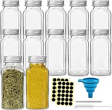 Glass Spice Jars, Chetexus 12 pcs 6oz Empty Square Spice Bottles with Shaker Lids and Airtight Metal Caps - 48 Spice Labels and Chalk Marker and Silicone Collapsible Funnel, Brush Included